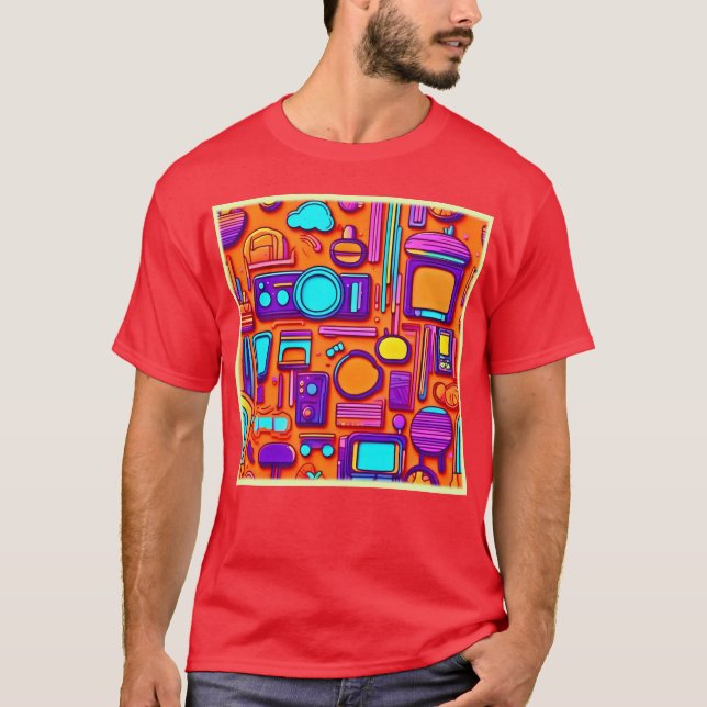 Retro Tech Pop: Nostalgic Gadget Collage T-Shirt (Front)