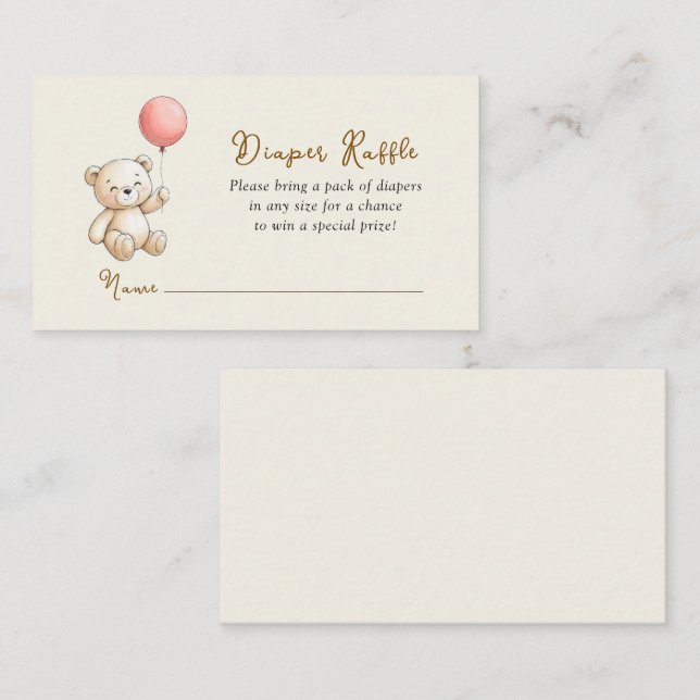 Retro Teddy Bear Baby girl shower Diaper Raffle Enclosure Card (Front/Back)
