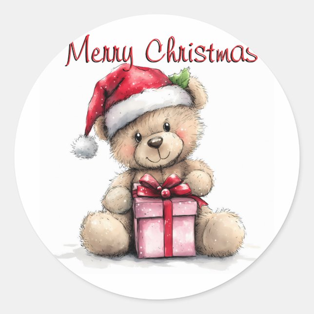 Retro Teddy Beer Merry Christmas Classic Round  Sticker (Front)
