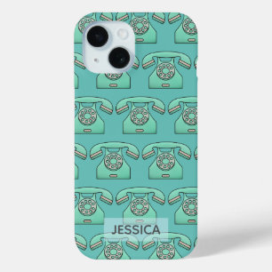 Retro Telephone Cute Teal Pattern Personalised iPhone 15 Case