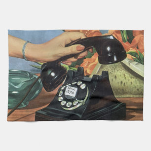 Retro Telephone with Rotary Dial, Vintage Business Tea Towel