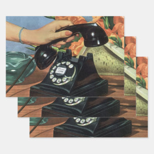 Retro Telephone with Rotary Dial, Vintage Business Wrapping Paper Sheet