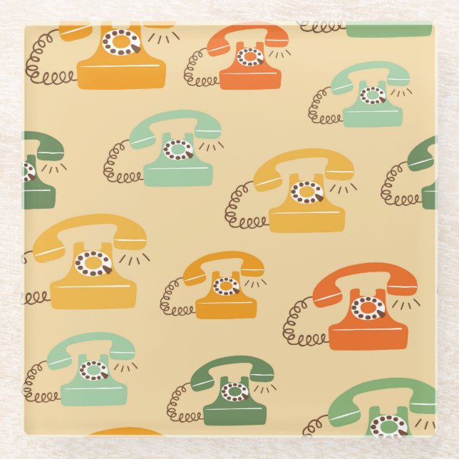 Retro telephones, colourful seamless pattern. glass coaster (Front)