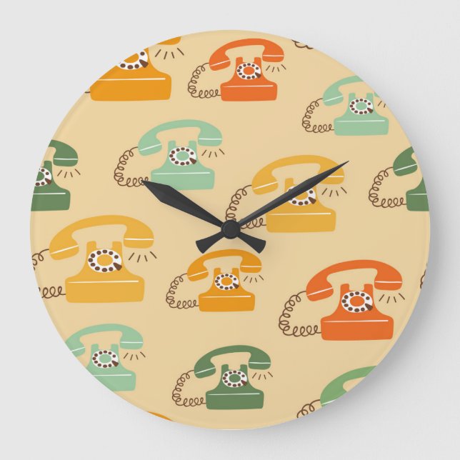 Retro telephones, colourful seamless pattern. large clock (Front)