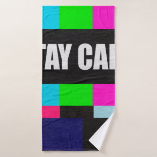 retro television test pattern with stay calm messa bath towel