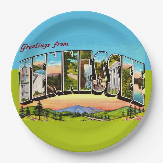 Retro Tennessee Greeting Postcard Paper Plate (Front)