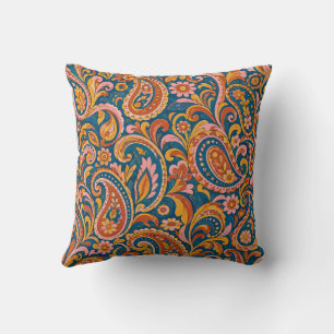 Retro Terracotta and Navy Blue Paisley Throw Pillo Cushion