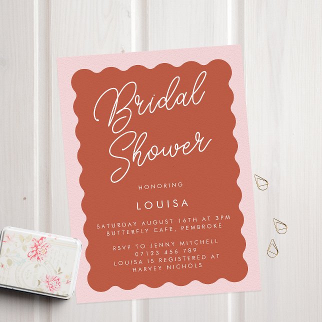 Retro Terracotta & Blush Wavy Bridal Shower Invita Invitation (Creator Uploaded)