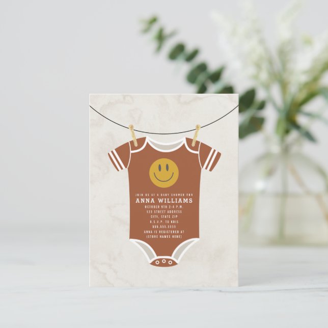 Retro Terracotta Bodysuit Clothesline Baby Shower  Invitation (Standing Front)