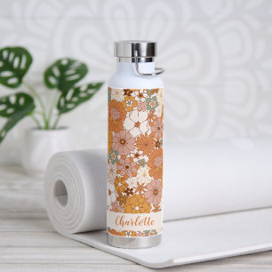 Retro Terracotta Boho Floral Personalised Name Water Bottle