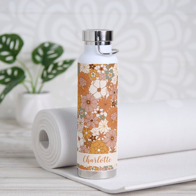 Retro Terracotta Boho Floral Personalised Name Water Bottle (Yoga)