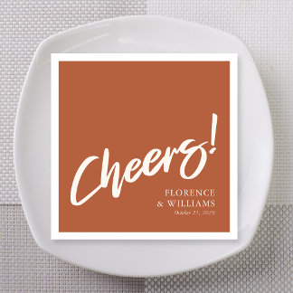 Retro Terracotta Brush Lettering Cheers Wedding Napkin