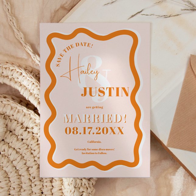 Retro terracotta curve squiggle wavy photo wedding save the date (Creator Uploaded)