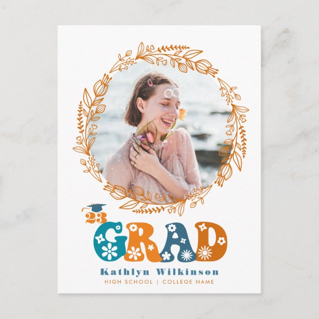 Retro Terracotta Floral Elegant Wreath Photo GRAD Invitation Postcard (Front)