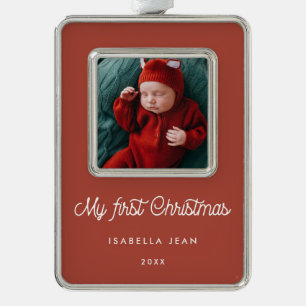 Retro Terracotta My First Christmas Baby Photo Silver Plated Framed Ornament