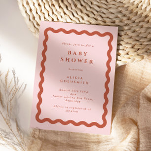 Retro Terracotta & Pink Wavy Frame Baby Shower Invitation