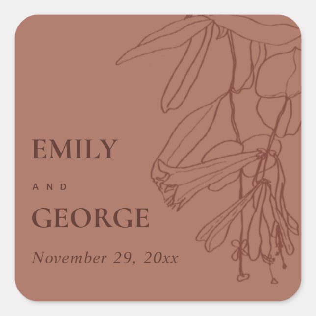 RETRO TERRACOTTA RUST LINE DRAWING FLORAL WEDDING SQUARE STICKER (Front)