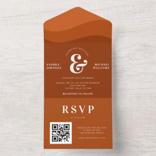Retro Terracotta Waves Ampersand QR Code Wedding All In One Invitation