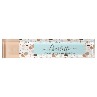 Retro Terrazzo Mosaic Earth Tones Patter Monogram Nameplate