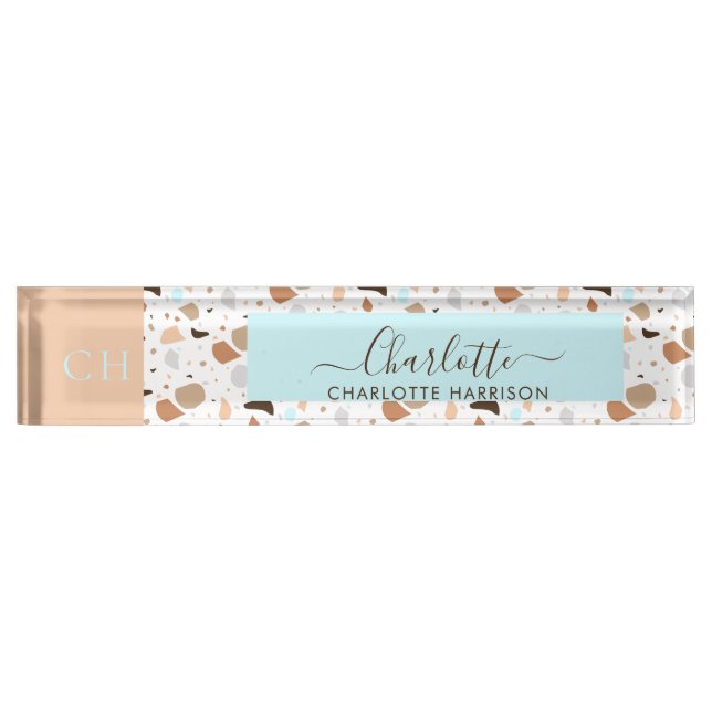 Retro Terrazzo Mosaic Earth Tones Patter Monogram Nameplate (Front)