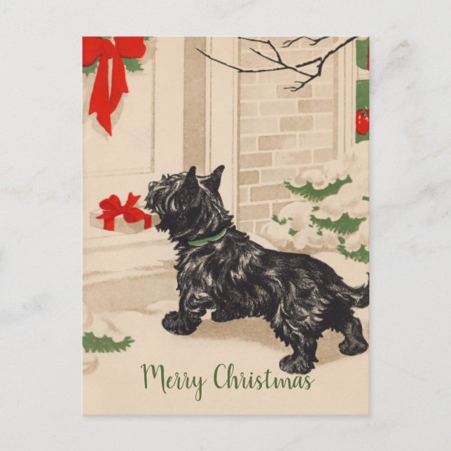 Retro Terrier Delivering Christmas Gift Holiday Postcard (Front)