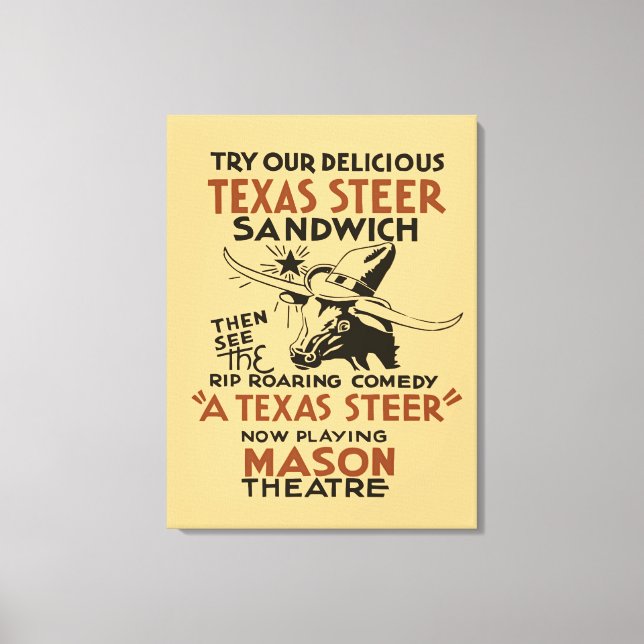 Retro Texas Steer Sandwich and theatre play ad Canvas Print (Front)