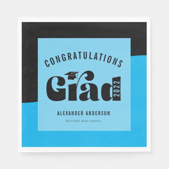 Retro Text Light Bright Blue and Black Graduation Napkin (Front)