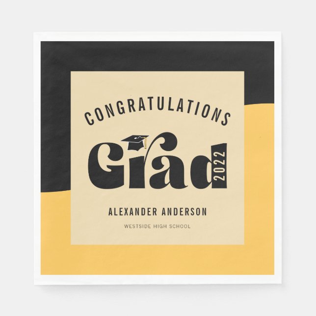 Retro Text Light Gold and Black Graduation Napkin (Front)