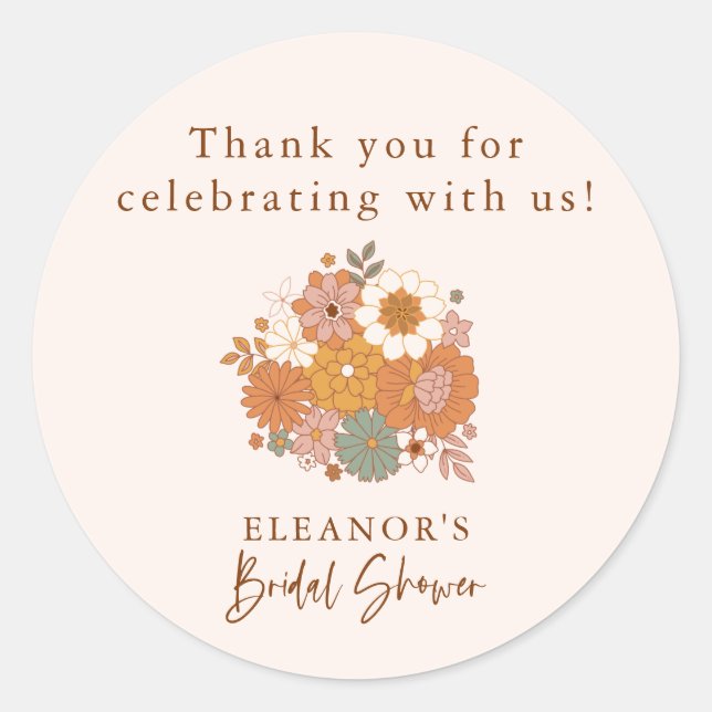 Retro Thank You Boho Floral Bridal Shower Classic Round Sticker (Front)