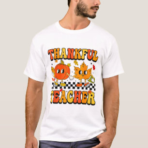Retro Thankful Teacher Groovy Thanksgiving Fall Wo T-Shirt