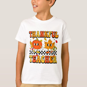 Retro Thankful Teacher Groovy Thanksgiving Fall Wo T-Shirt