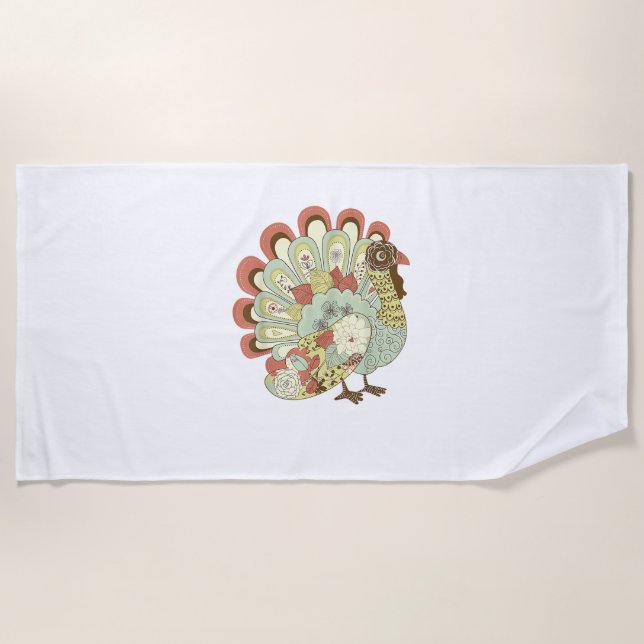 Retro Thanksgiving Turkey  - Vintage Floral Beach Towel (Front)
