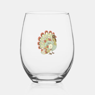 Retro Thanksgiving Turkey - Vintage Floral Stemless Wine Glass