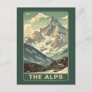 Retro The Alps Travel Skiing Mountain Lodge Postcard