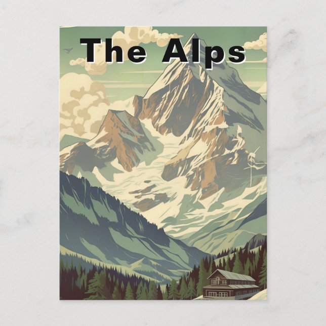 Retro The Alps Travel Skiing Mountain Lodge Postcard (Front)