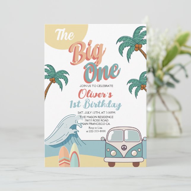  Retro The Big One Surf Beach 1st Birthday Invitation (Standing Front)