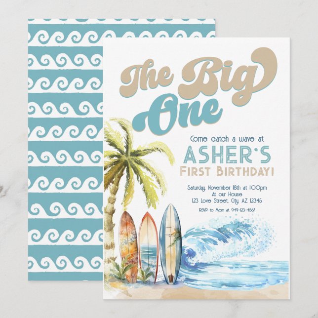 Retro The Big One Surfer Beach 1st Birthday Invitation (Front/Back)