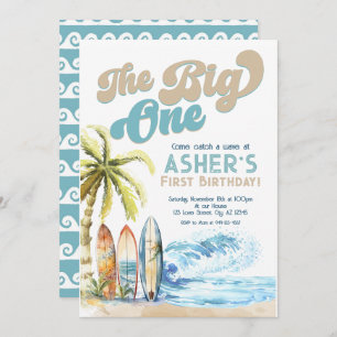 Retro The Big One Surfer Beach 1st Birthday Invitation