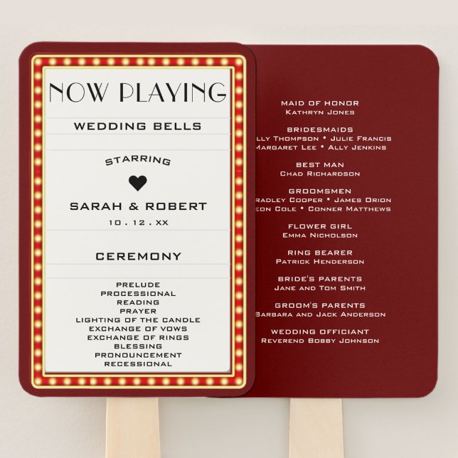 Retro Theatre Marquee Sign Red Wedding Program Hand Fan (Retro Cinema Theater Marquee Sign Red Wedding Program Hand Fan)