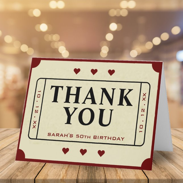 Retro Theatre Movie Ticket Stub 50th Birthday Thank You Card (Retro Theater Movie Ticket Stub 50th Birthday Thank You Card)
