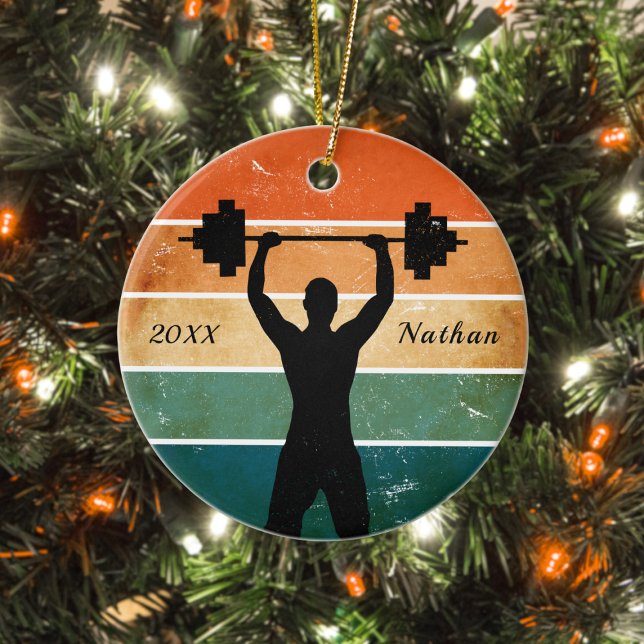 Retro Theme Weightlifter Weightlifting Name Year Ceramic Tree Decoration (Creator Uploaded)