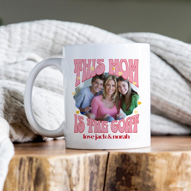 Retro This Mum is the Goat Photo Mug (Retro GOAT mug for greatest mom of all time with photo and kids names)