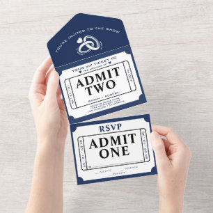 Retro Ticket Stub Admit Two White & Blue Wedding All In One Invitation