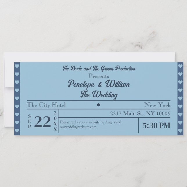 Retro Ticket Style Simple Blue Wedding Invitation (Front)