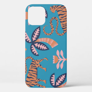 Retro tiger, palm tree, flower pattern iPhone 12 case