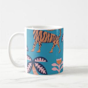 Retro tiger, palm tree, flower pattern coffee mug