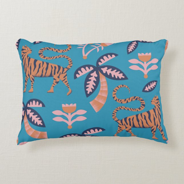 Retro tiger, palm tree, flower pattern decorative cushion (Front)