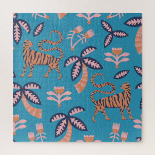 Retro tiger, palm tree, flower pattern jigsaw puzzle