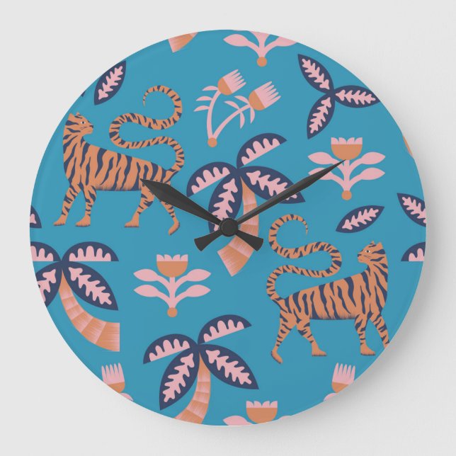 Retro tiger, palm tree, flower pattern large clock (Front)
