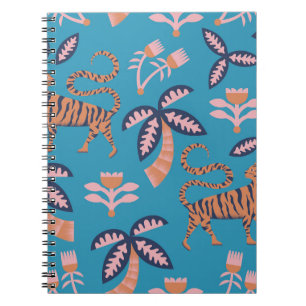 Retro tiger, palm tree, flower pattern notebook